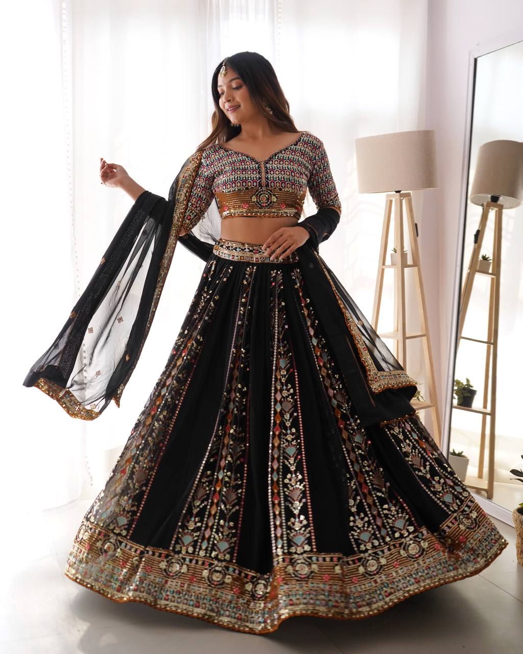 Faux georgette lehenga choli with dupatta for weddings and parties
