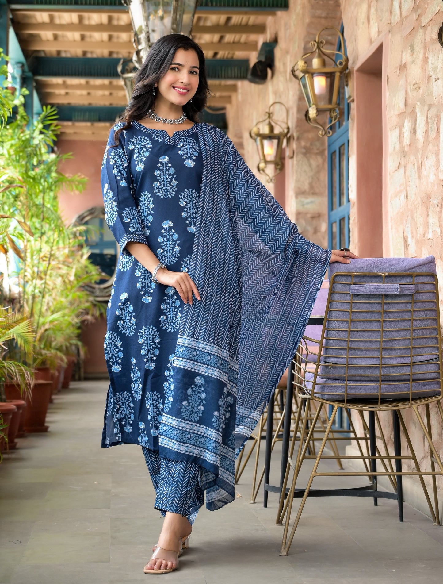 Blue Embroidered Viscose Rayon Suit Set with V-Neck Kurta