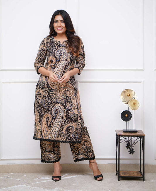 Black Printed Viscose Rayon Kurta & Pant Set with Dupatta