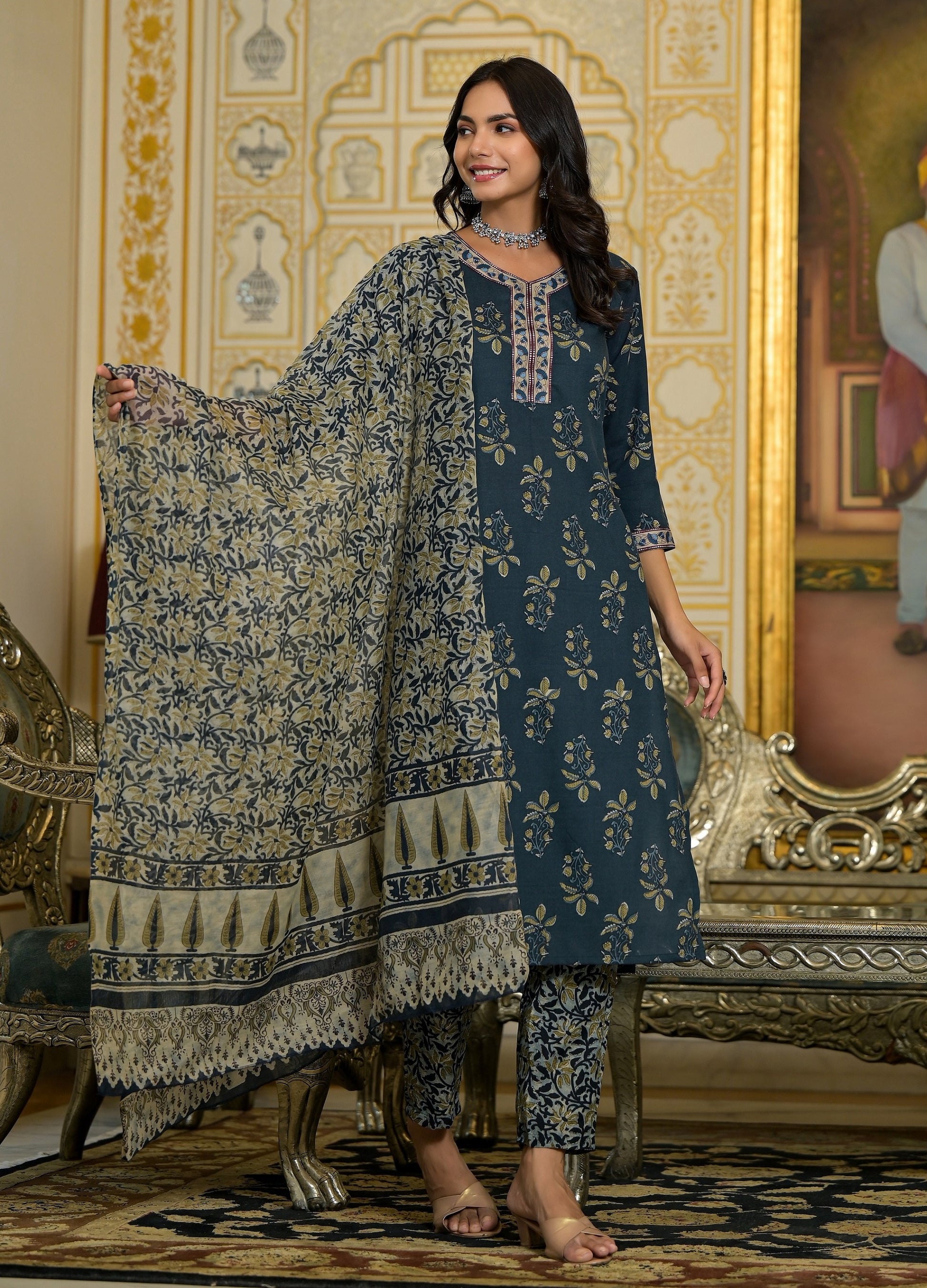 Elegant embroidered kurta set in navy blue