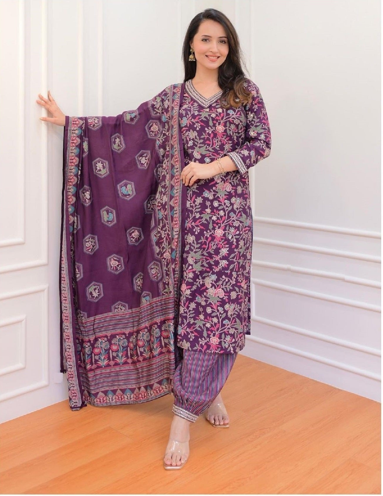 Vaishnavi Purple Embroidered Viscose Rayon Suit Set with Kurta, Pant, and Dupatta