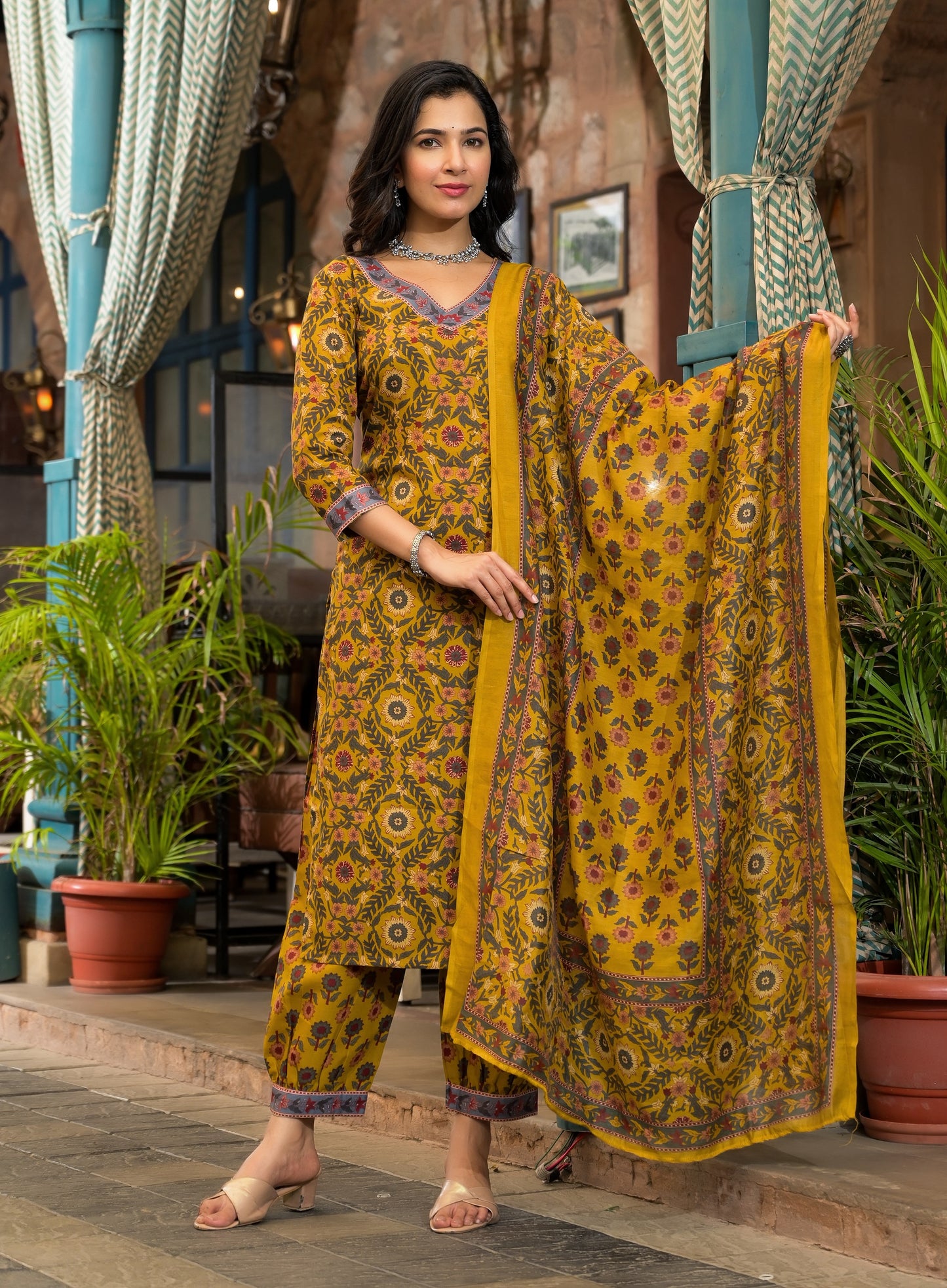 Varsha Yellow Embroidered Kurta Set with Chanderi Cotton Dupatta - Women's Ethnic Wear