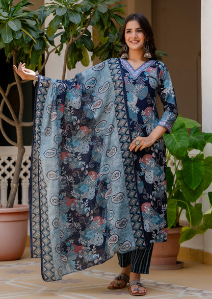 Griva Viscose Blue A-Line Kurta Set with Chanderi Dupatta – Elegant Women’s Ethnic Wear