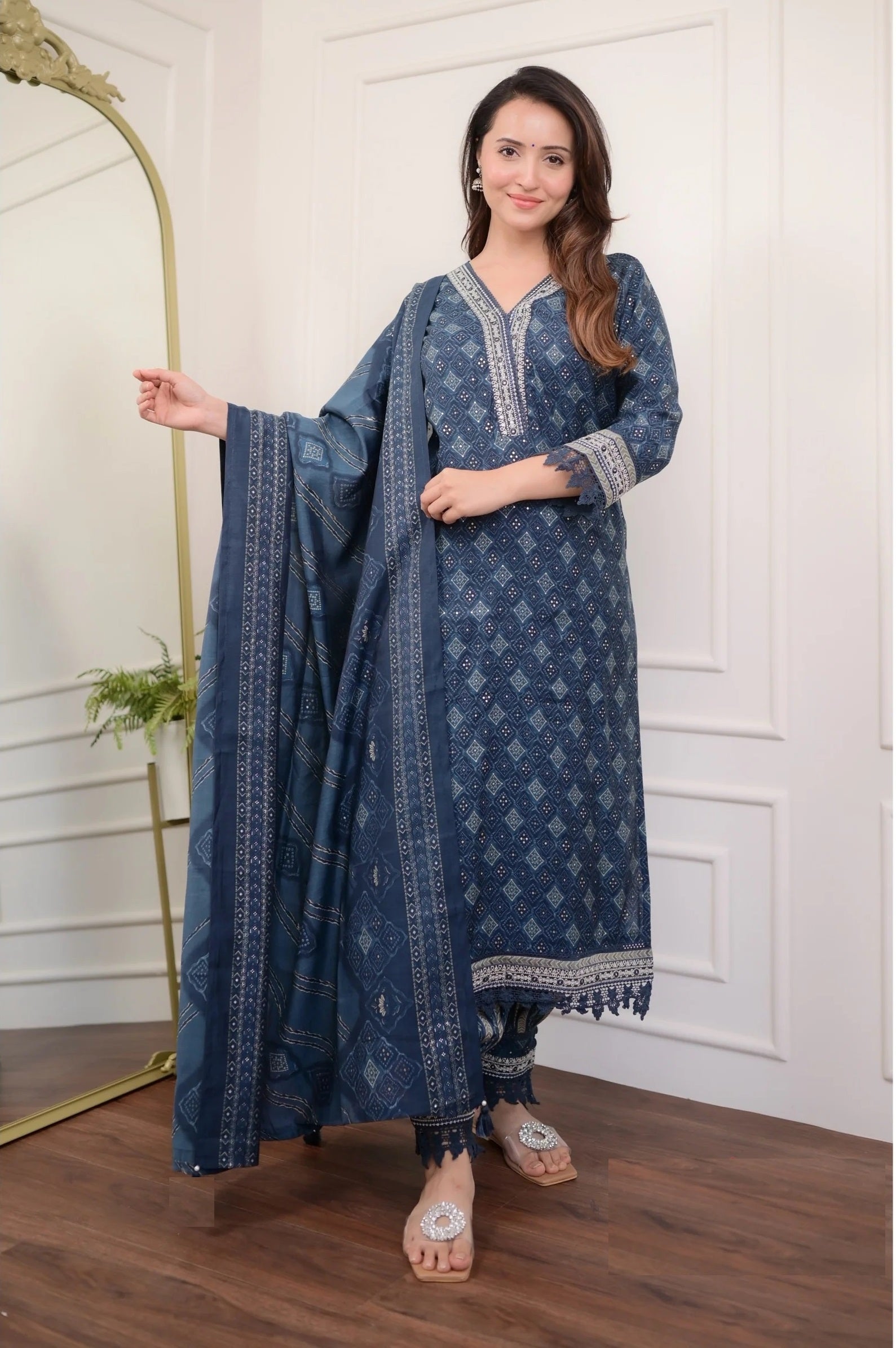 Neelam Viscose Navy Blue Kurta Set with Chanderi Dupatta – Elegant Women’s Ethnic Wear