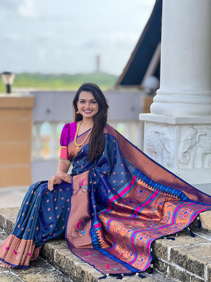  Mangalya Paithani Silk Saree with zari weaving and peacock Meenakari design