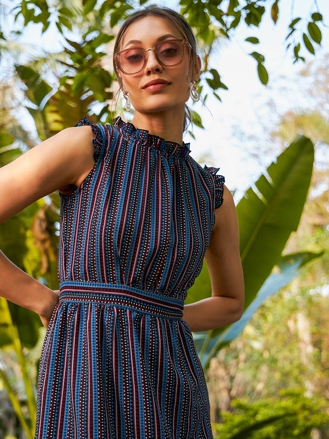 Dark Blue Striped Fit & Flare Dress - Casual Wear