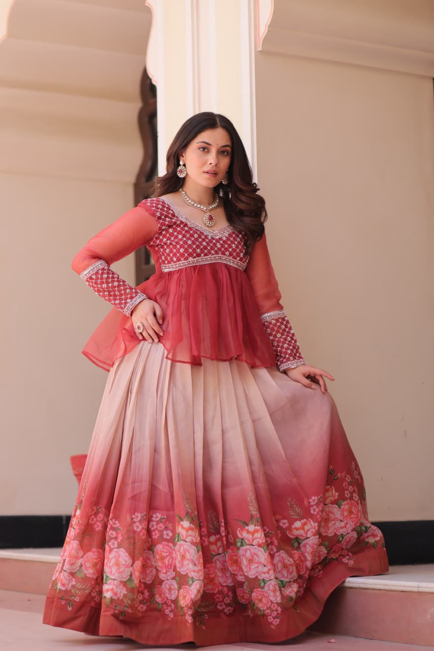 Chiffon Beaded Peplum Top with Cosmos Print Lehenga