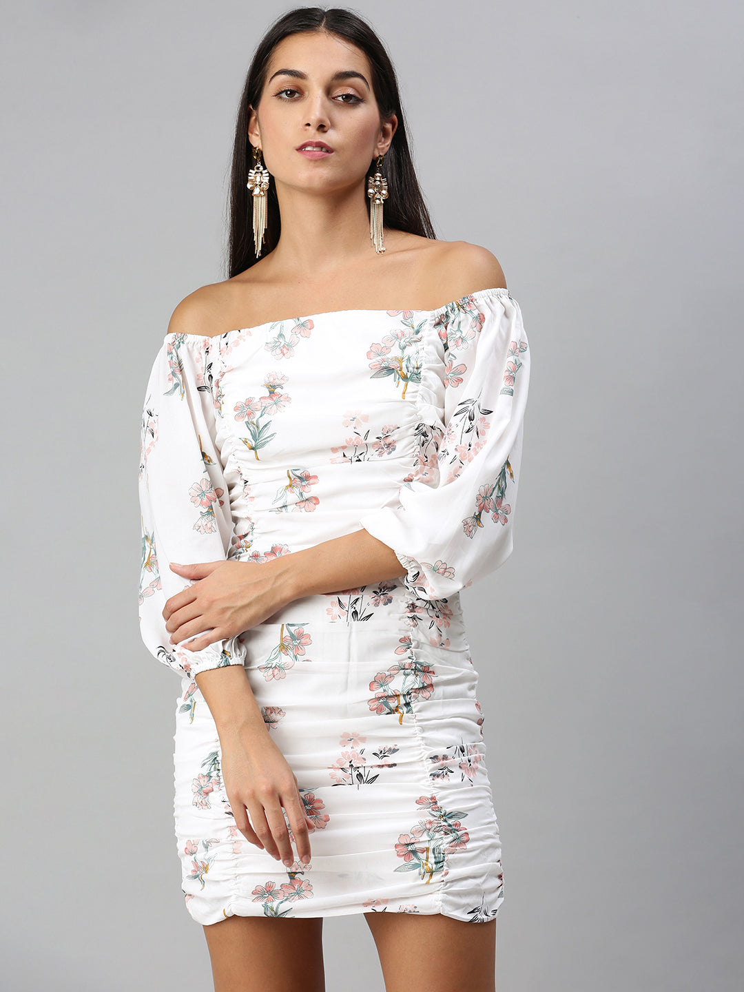 Pristine White Floral Print Ruched Dress, Off-Shoulder White Floral Dress, Bodycon Ruched Dress