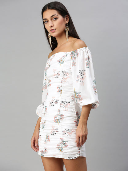 Pristine White Floral Print Ruched Dress, Off-Shoulder White Floral Dress, Bodycon Ruched Dress