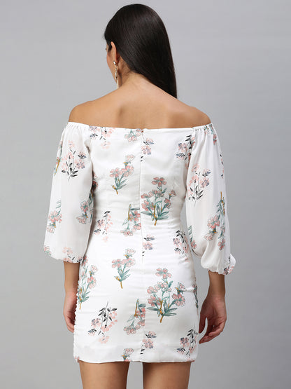 Pristine White Floral Print Ruched Dress, Off-Shoulder White Floral Dress, Bodycon Ruched Dress