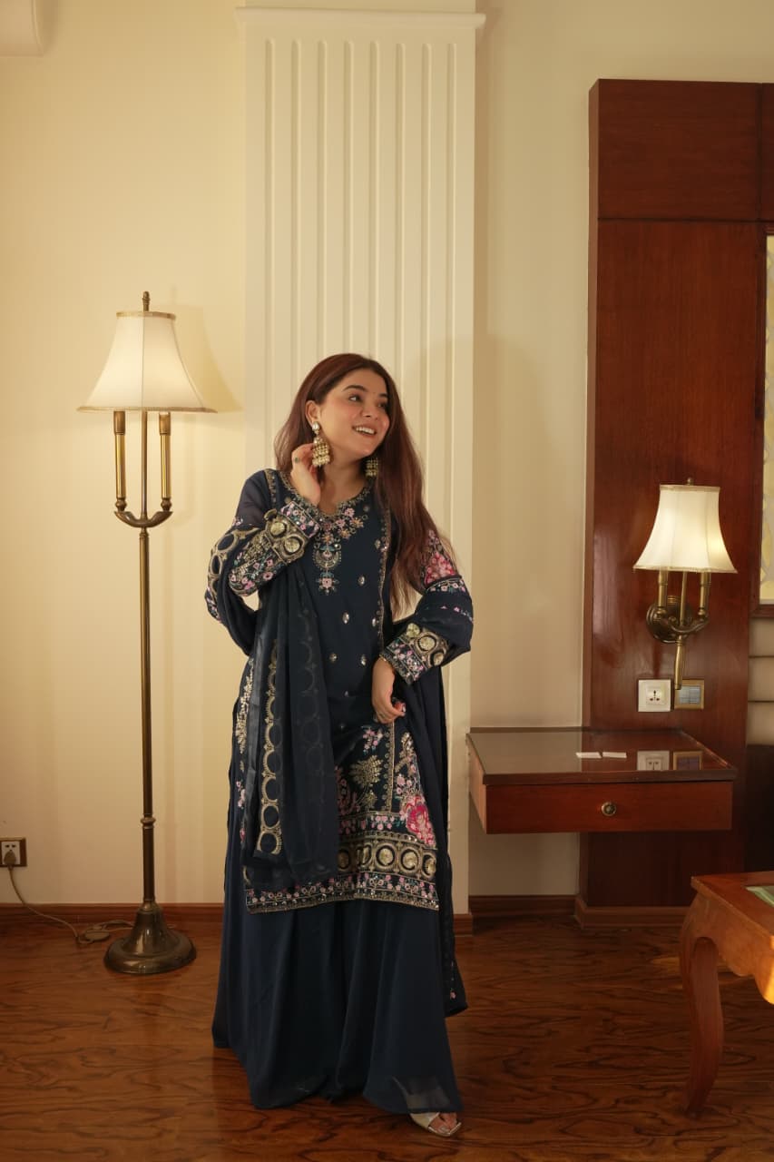 Fox georgette palazzo in indigo with embroidery