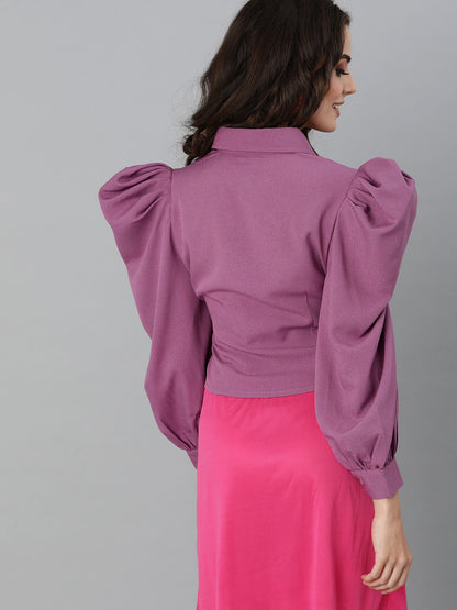 Women Purple Crop Shirt – Stylish Solid Casual Wear with Puff Sleeves