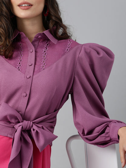 Women Purple Crop Shirt – Stylish Solid Casual Wear with Puff Sleeves