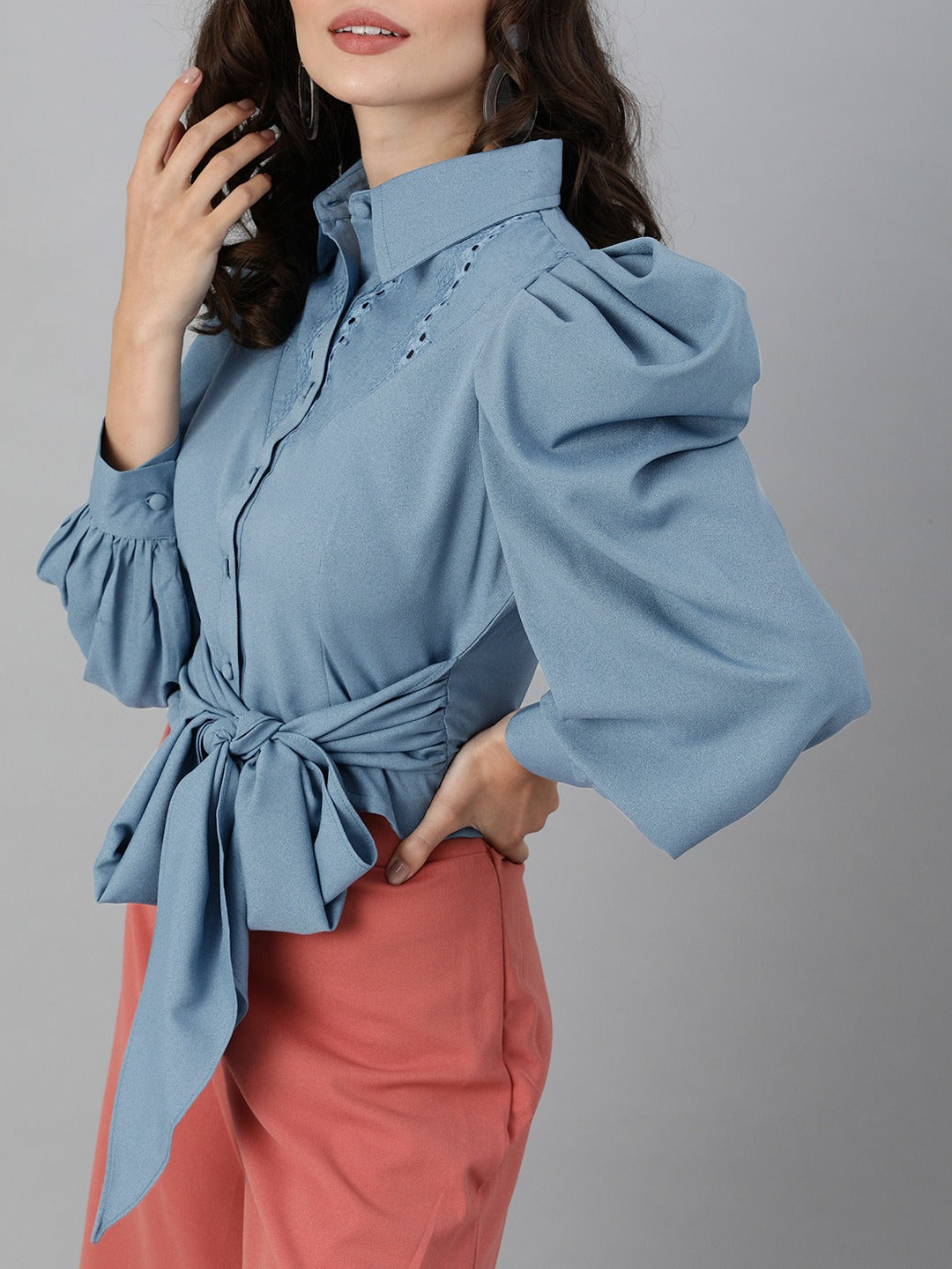 Women Blue Crop Shirt – Solid Casual Wear with Puff Sleeves