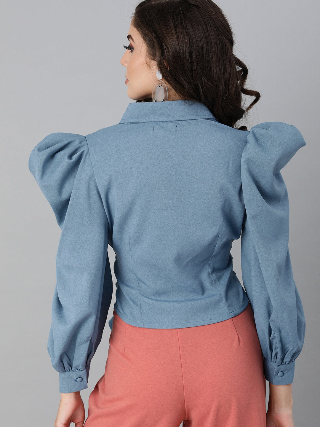 Women Blue Crop Shirt – Solid Casual Wear with Puff Sleeves