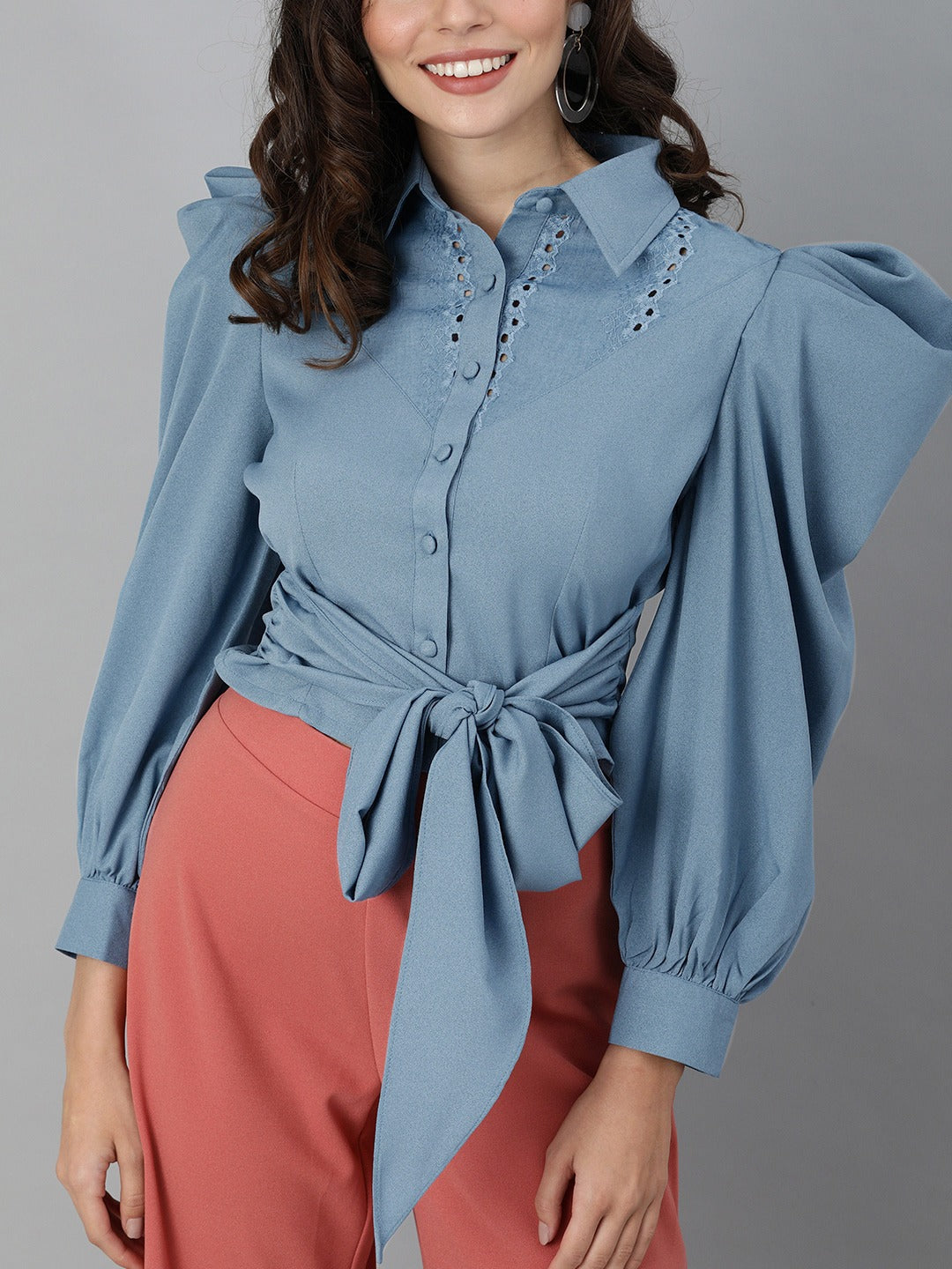 Women Blue Crop Shirt – Solid Casual Wear with Puff Sleeves