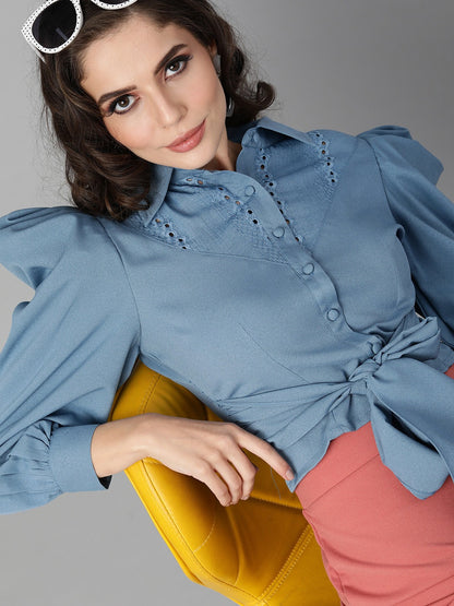 Women Blue Crop Shirt – Solid Casual Wear with Puff Sleeves