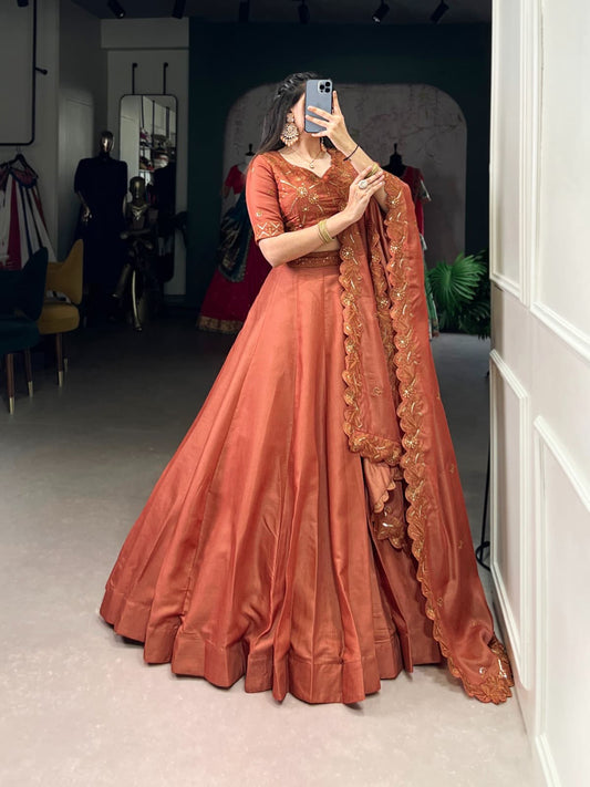 Rust Korean Tussar Embroidered Lehenga Choli with Sequins Work