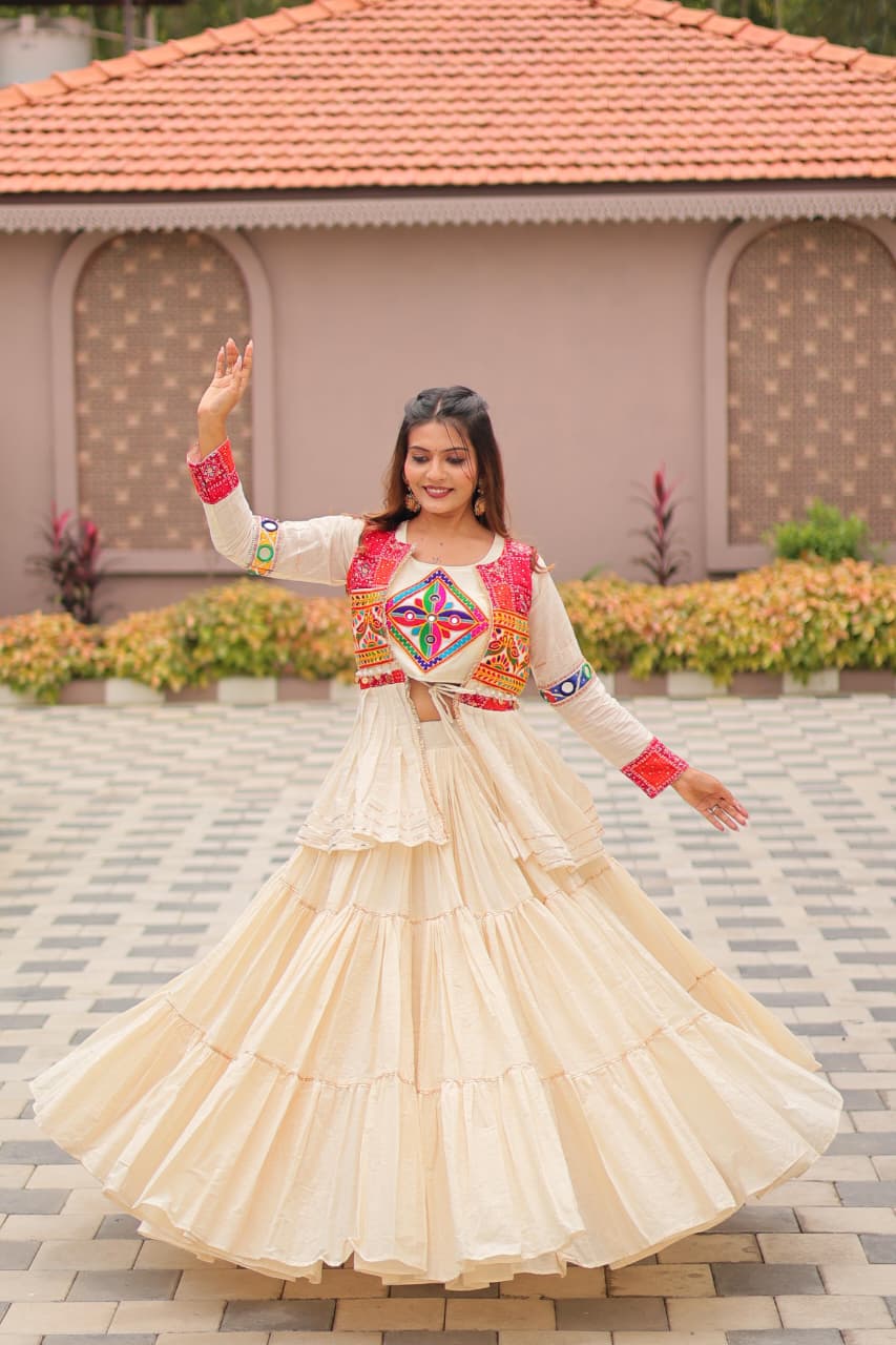 Cotton lehenga choli with mirror lace and Gamthi embroidery