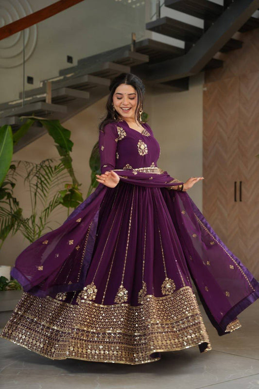 Premium Faux Blooming Gown with Dupatta – Zari & Sequins Embroidery