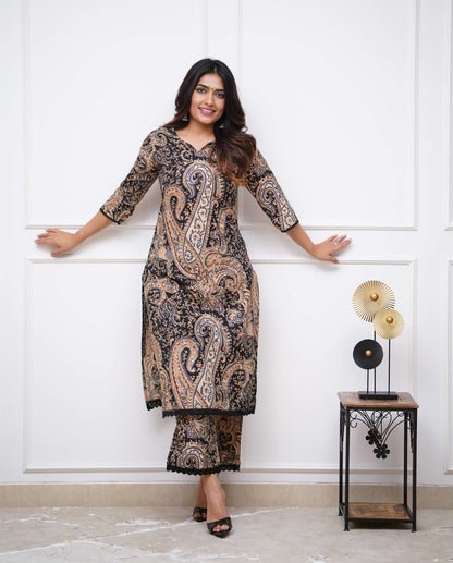 Black Printed Viscose Rayon Kurta & Pant Set with Dupatta