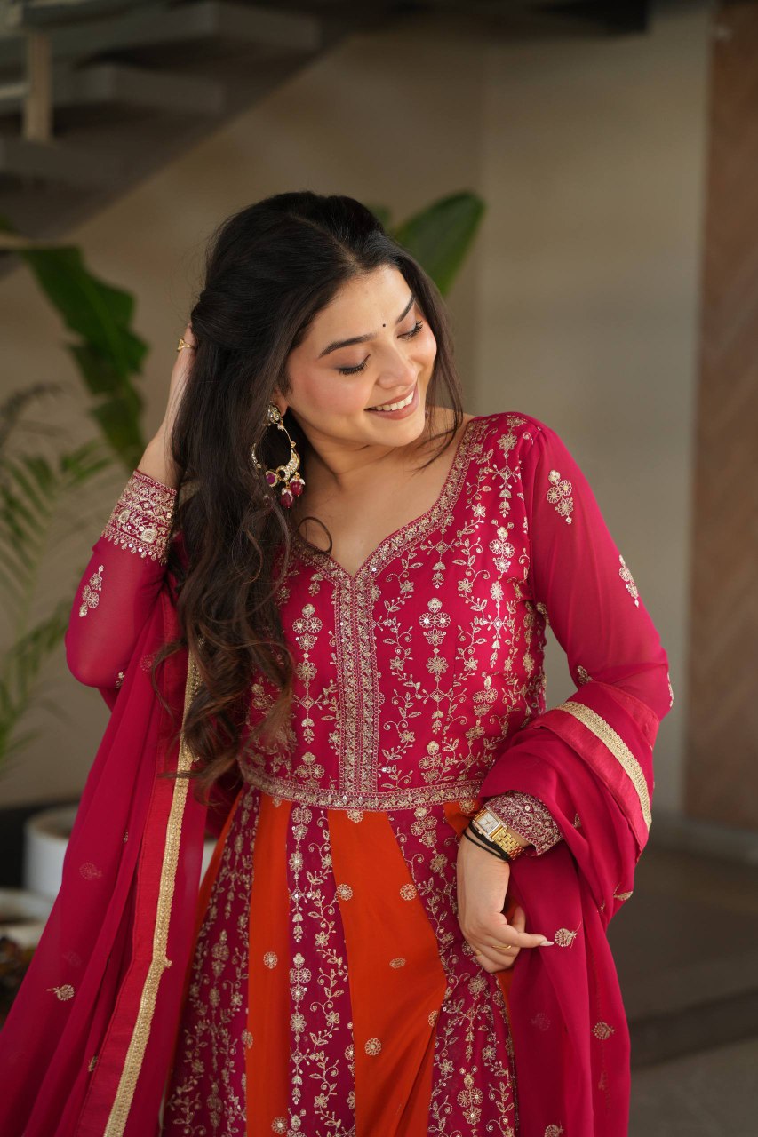 Premium designer gown with dupatta in zari & sequins embroidery
