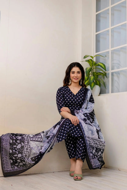 Vaamika Viscose Printed A-Line Kurta Set with Chanderi Cotton Dupatta – Ethnic Women’s Wear