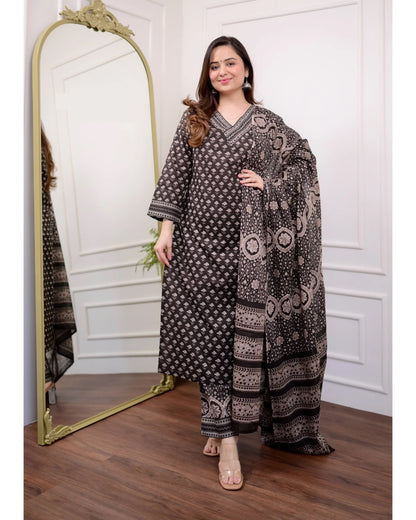 Black Embroidered Viscose Rayon Kurta Set with Pant & Dupatta for Women