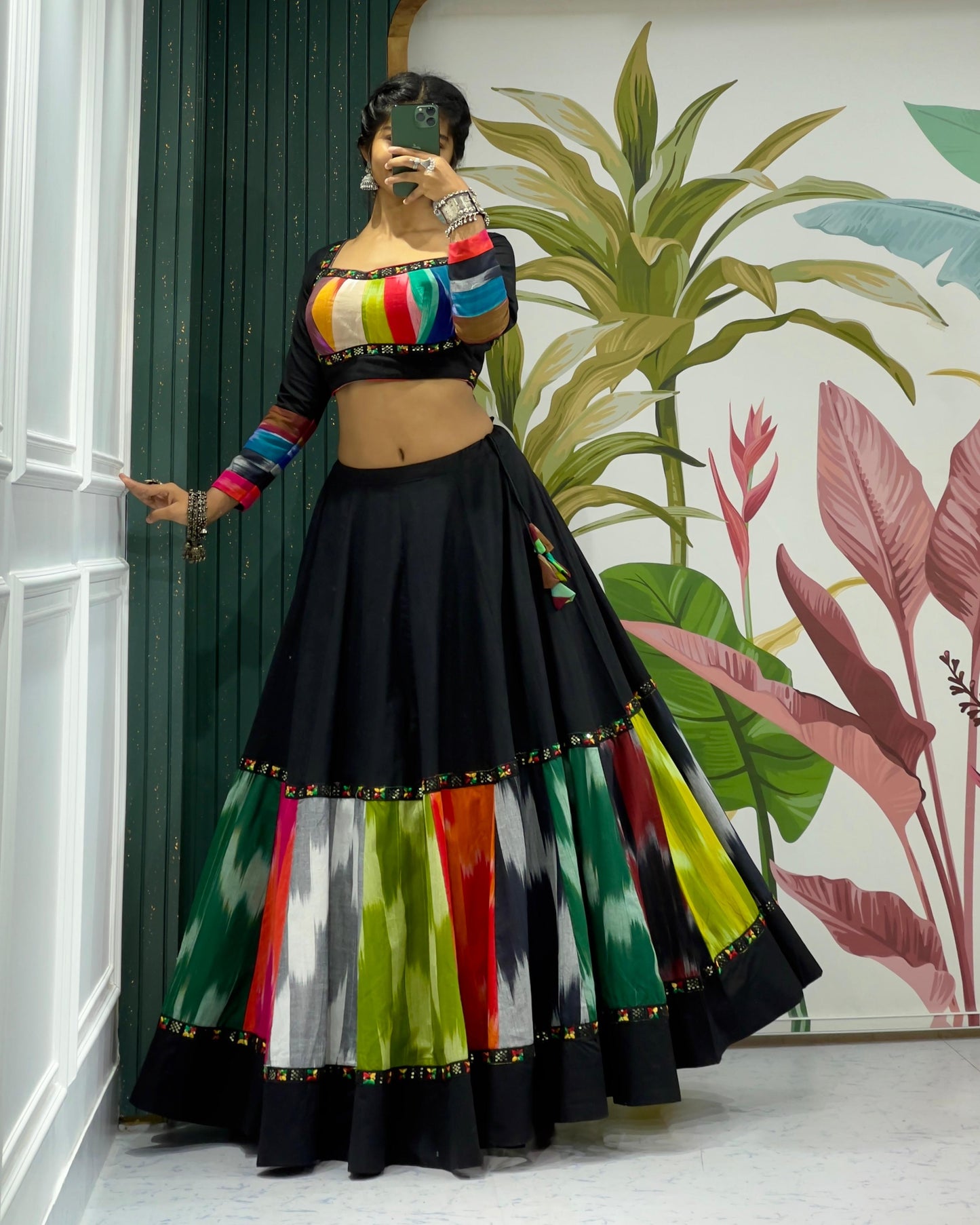 Black Rainbow Ikat Chaniya Choli with Dual Blouse for Navratri