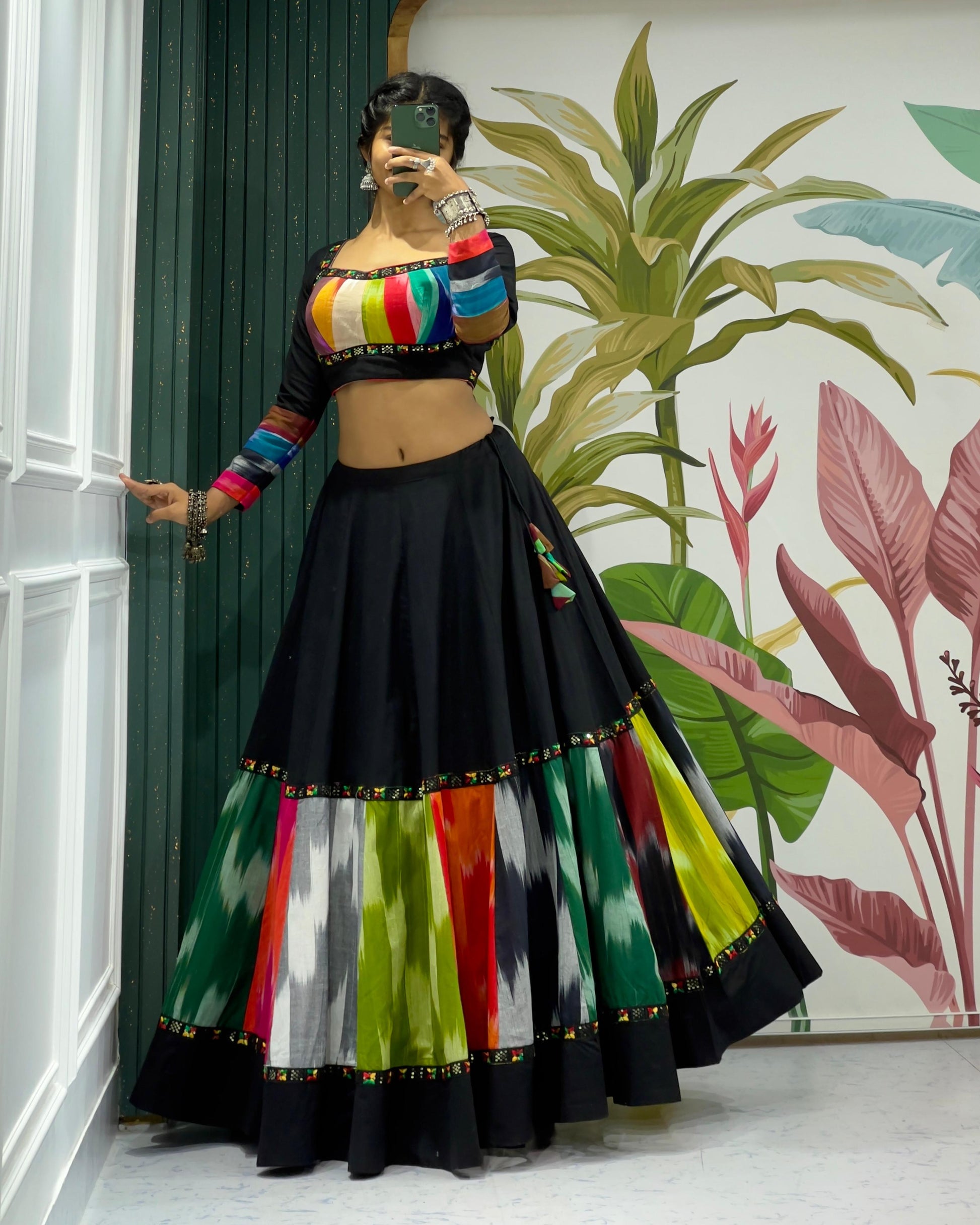 Black Rainbow Ikat Chaniya Choli with Dual Blouse for Navratri