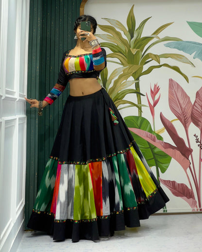 Black Rainbow Ikat Chaniya Choli with Dual Blouse for Navratri
