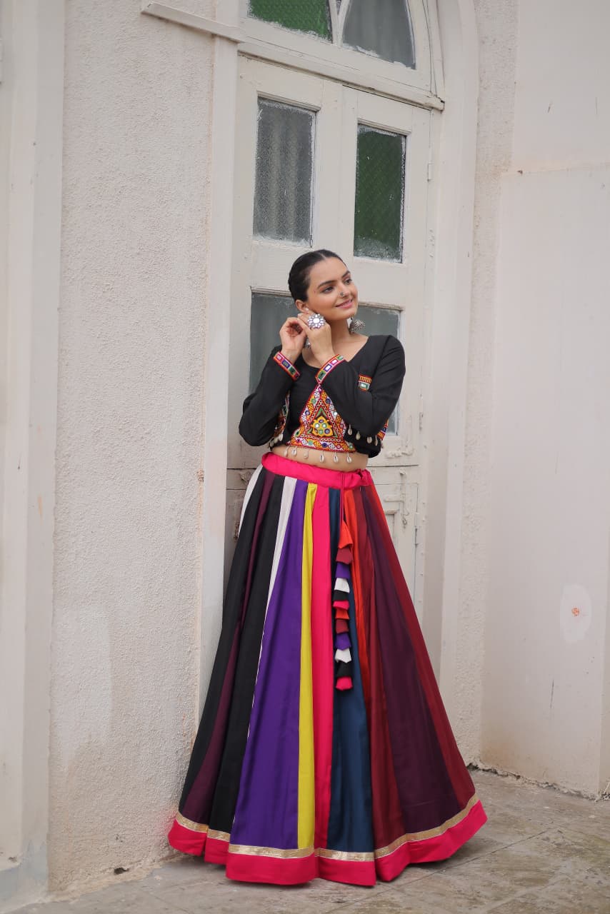 Multicolour Navratri Lehenga Choli 2025 with Gamthi embroidery, mirror work, and koti blouse