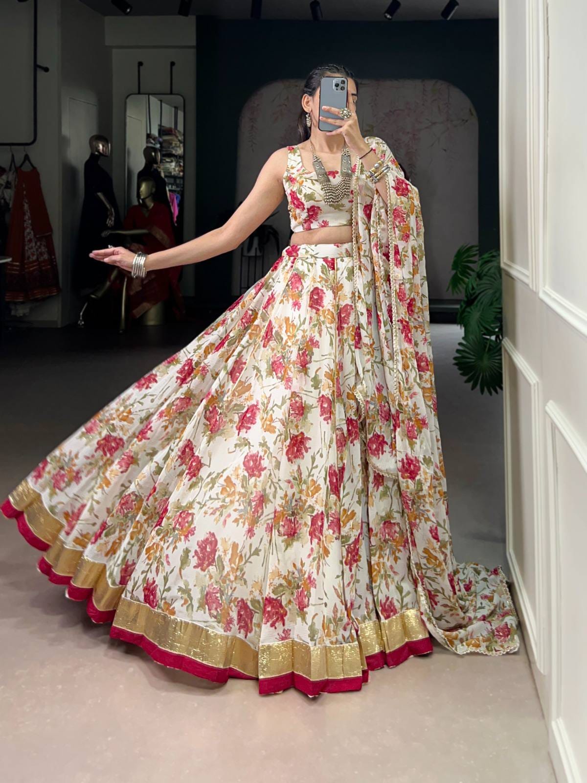 Floral Print Chiffon Lehenga Choli for Garba Night