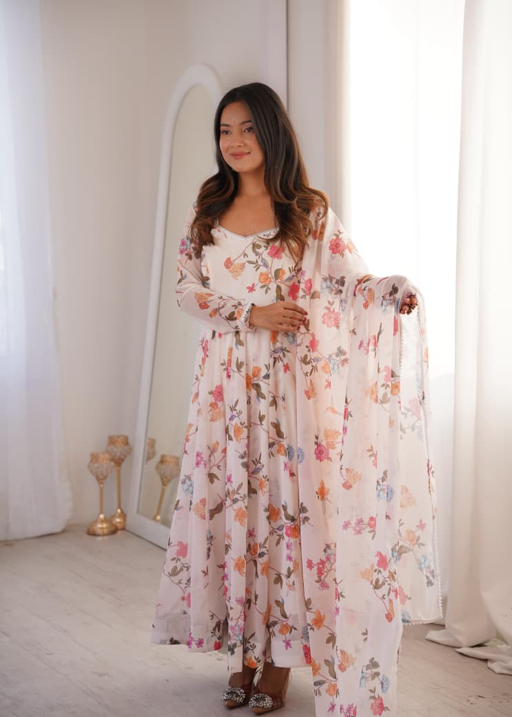 Printed Georgette Gown Set with Pant & Dupatta