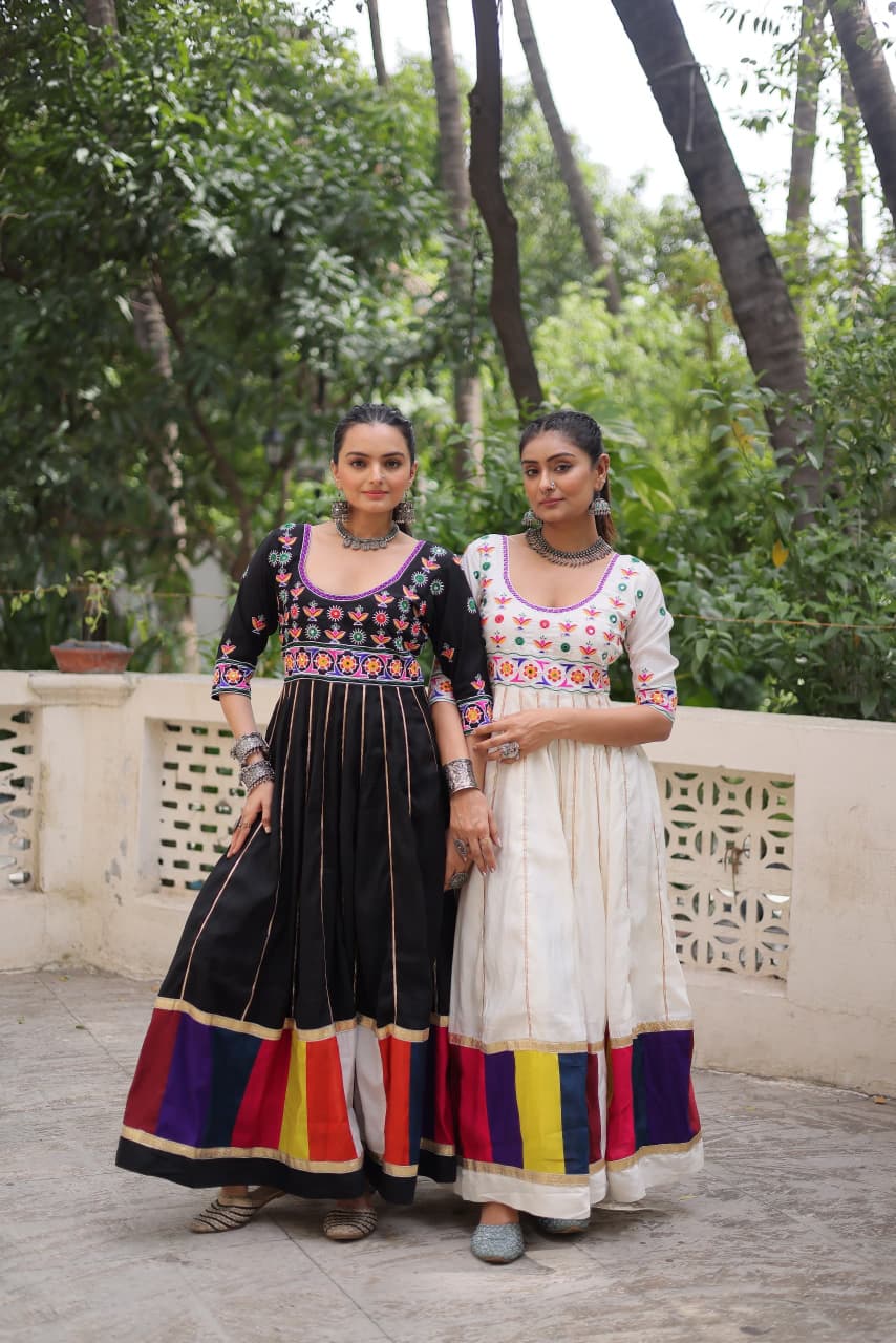 Designer Navratri gown with multicolor thread work and gota lace – festive wear for women