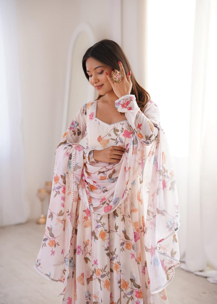 printed georgette gown set with pant and dupatta