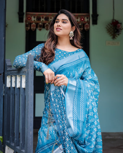 Turquoise Pure Cotton Linen Saree with White Floral Design, Blouse, and Tassel Edges