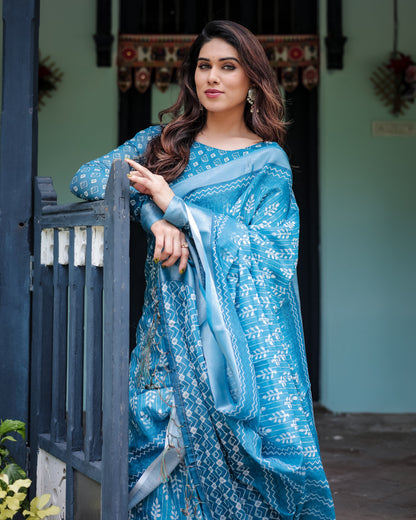 Turquoise Pure Cotton Linen Saree with White Floral Design, Blouse, and Tassel Edges