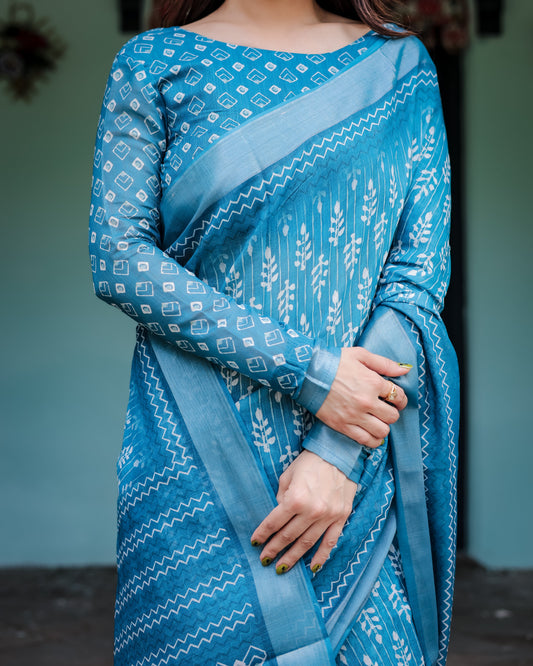 Turquoise Pure Cotton Linen Saree with White Floral Design, Blouse, and Tassel Edges