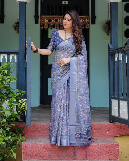 Steel Blue Pure Cotton Linen Saree with Floral and Geometric Block Print, Blouse, and Tassel Detailing