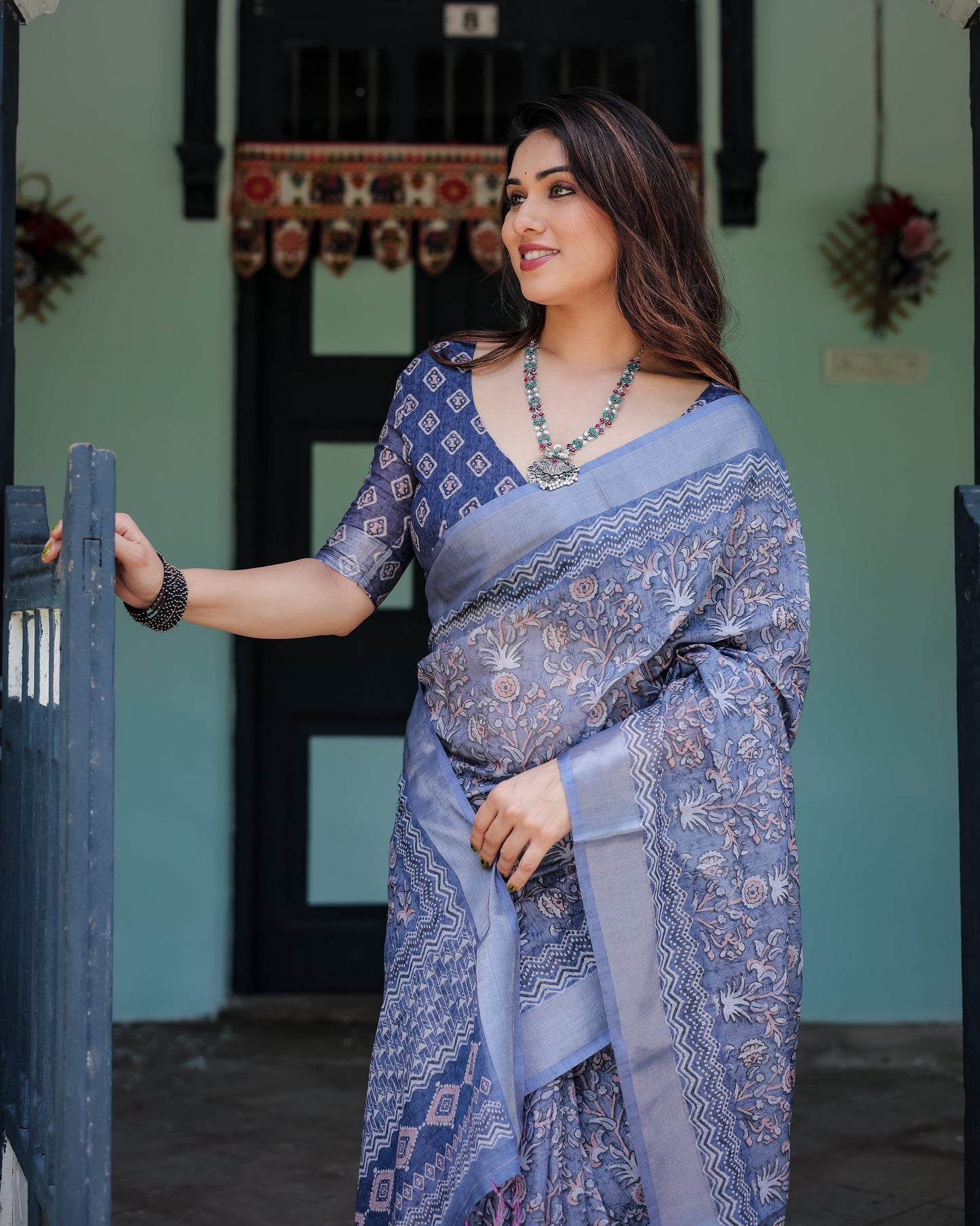 Steel Blue Pure Cotton Linen Saree with Floral and Geometric Block Print, Blouse, and Tassel Detailing