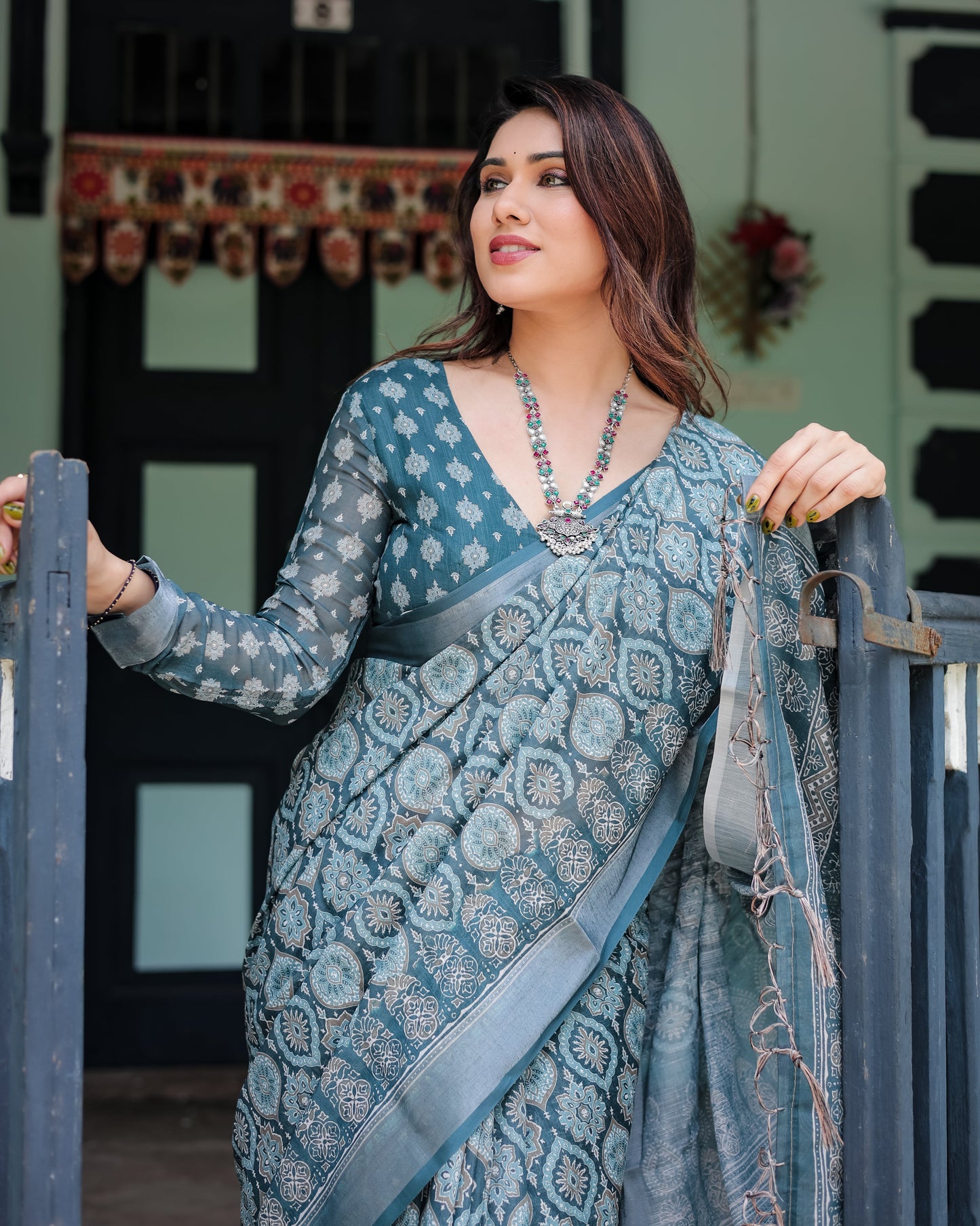 Teal Blue Pure Cotton Linen Saree with Geometric Block Print, Blouse, and Tassel Detailing