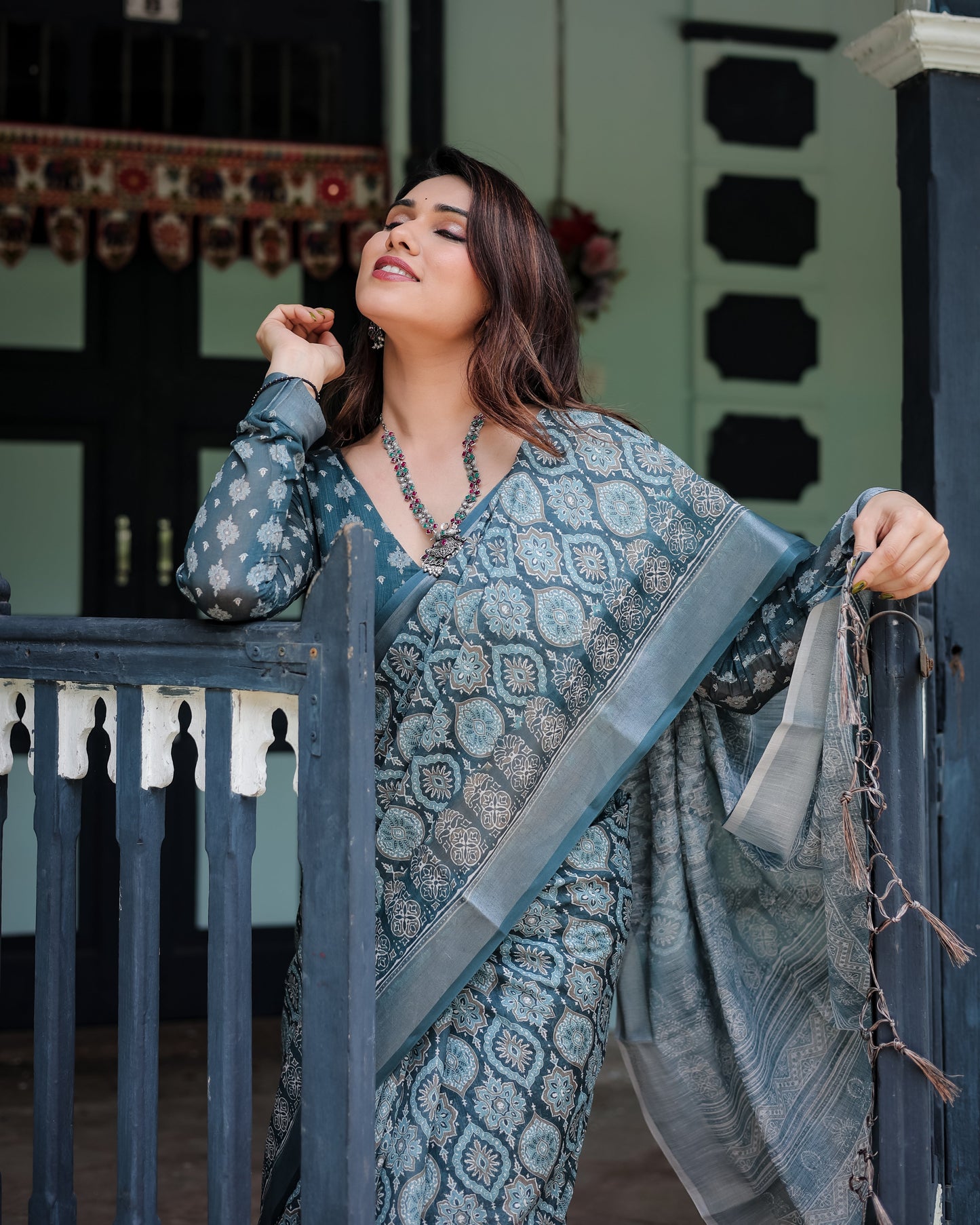 Teal Blue Pure Cotton Linen Saree with Geometric Block Print, Blouse, and Tassel Detailing