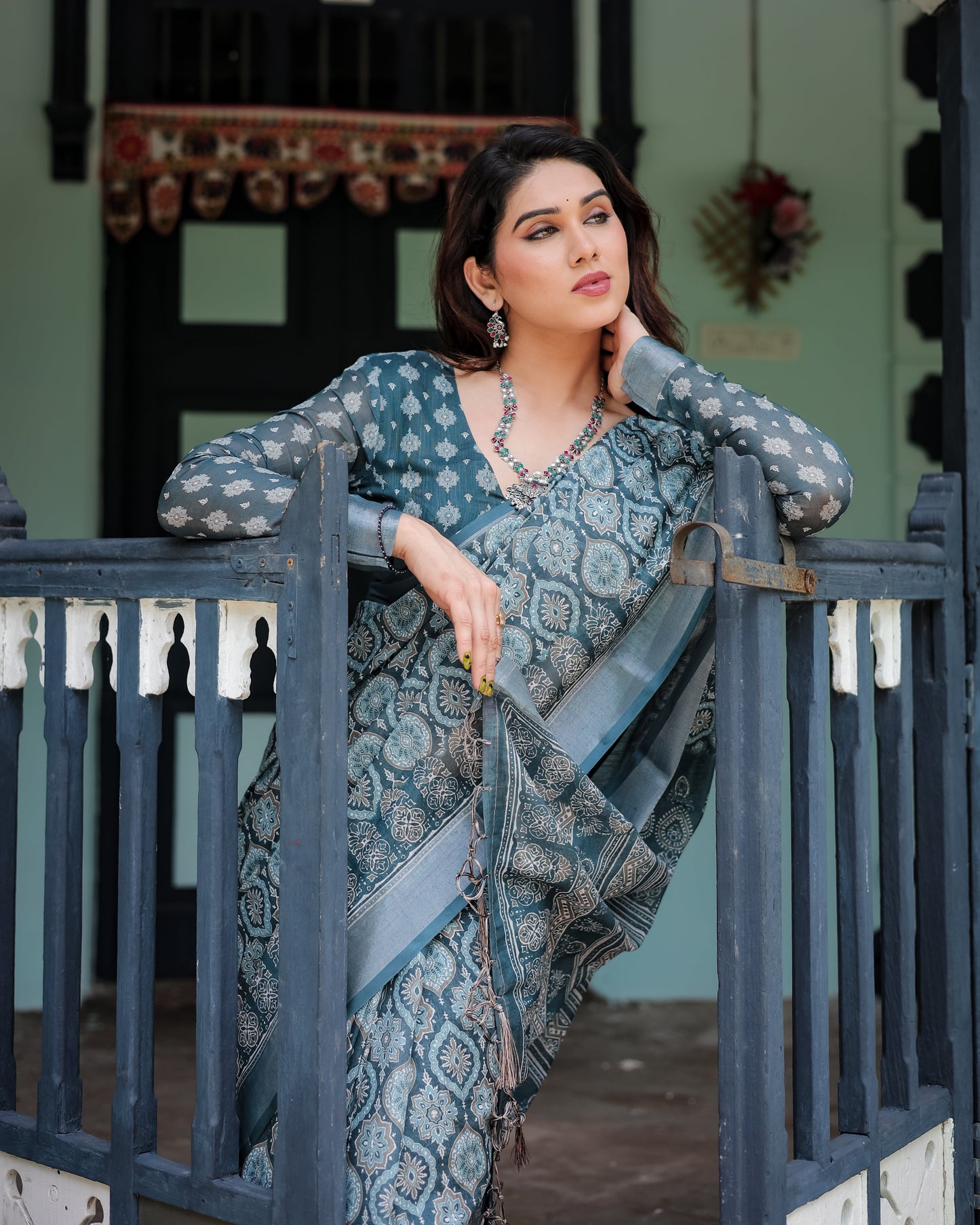 Teal Blue Pure Cotton Linen Saree with Geometric Block Print, Blouse, and Tassel Detailing