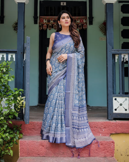 Elegant Blue Pure Cotton Linen Saree with Floral Pattern, Blouse, and Tassels on Edges