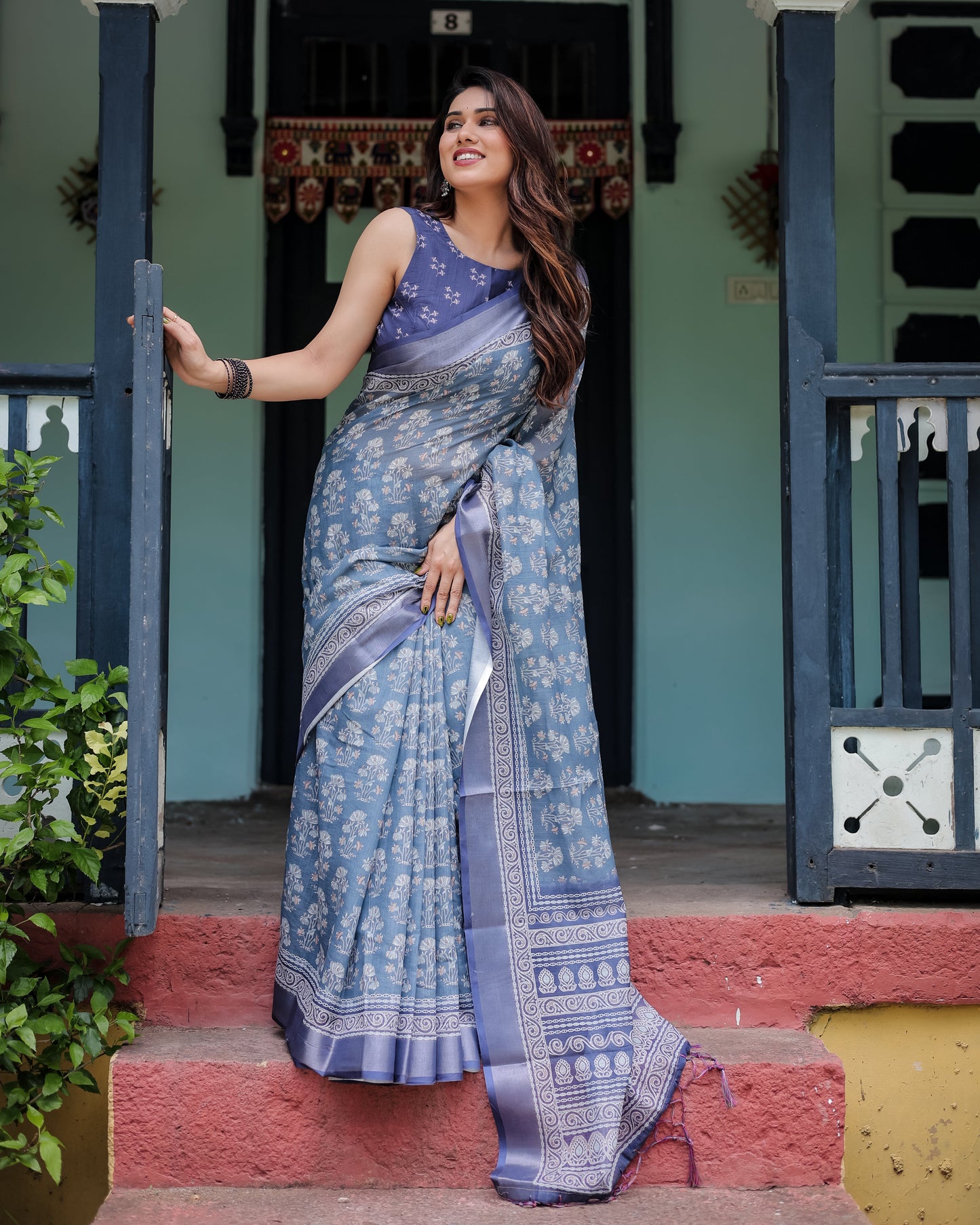 Elegant Blue Pure Cotton Linen Saree with Floral Pattern, Blouse, and Tassels on Edges