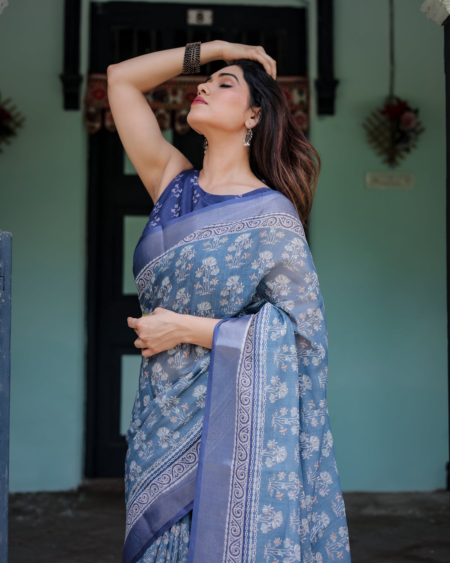 Elegant Blue Pure Cotton Linen Saree with Floral Pattern, Blouse, and Tassels on Edges