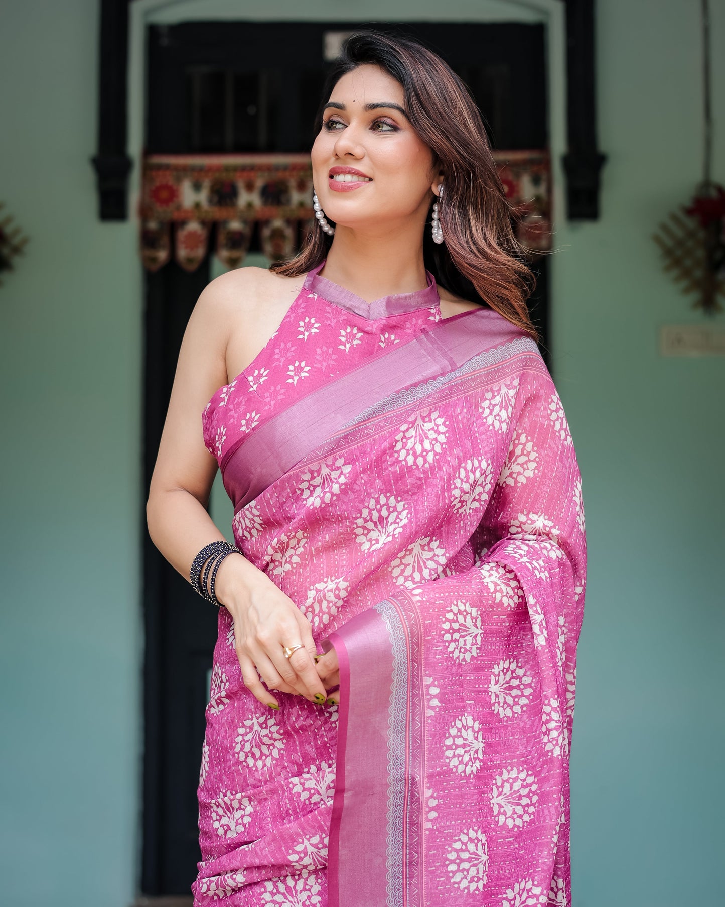 Magenta Pure Cotton Linen Saree with White Floral Block Print, Blouse, and Tassel Detailing