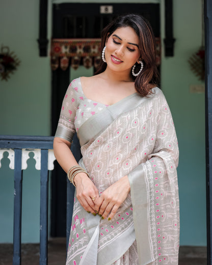 Soft Grey Pure Cotton Linen Saree with Pink and White Ikat Design, Blouse, and Tassel Detailing