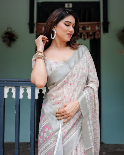 Soft Grey Pure Cotton Linen Saree with Pink and White Ikat Design, Blouse, and Tassel Detailing